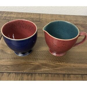 Denby  Pottery Harlequin Open Sugar Bowl & Creamer Red/Blue Red/Green